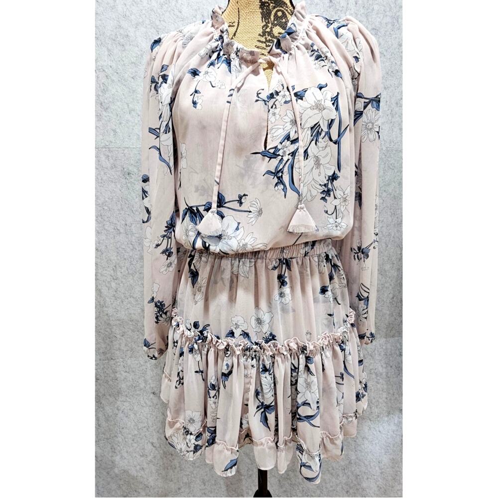 MISA Los Angeles Aila Dress Floral Ruffle, Viscose Mini, Tassle Ties Pink Size M
